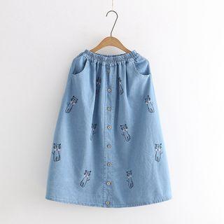Cat Embroidered Band-waist Denim Midi A-line Skirt Light Blue - One Size