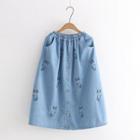 Cat Embroidered Band-waist Denim Midi A-line Skirt Light Blue - One Size