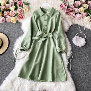 Plain Tie-waist Long-sleeve Shirtdress