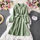 Plain Tie-waist Long-sleeve Shirtdress