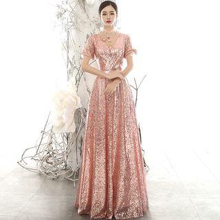 Short-sleeve Sequined A-line Gown