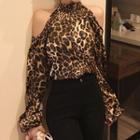 Long-sleeve Cold Shoulder Leopard Print Top As Shown In Figure - One Size