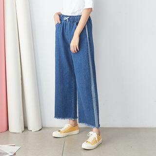 Drawstring-waist Wide-leg Jeans Blue - One Size