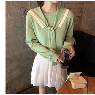 Plain Tie-neck Pullover / Letter Embroidered Mini Pleated Skirt