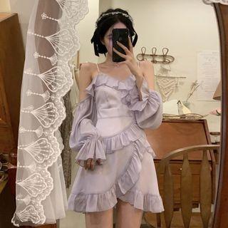 Long-sleeve Cold Shoulder Frill Trim Dress