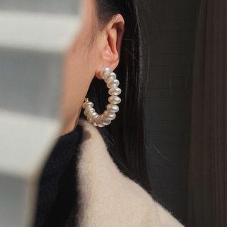 Faux Pearl Open Hoop Earring 1 Pair - Stud Earring - White - One Size