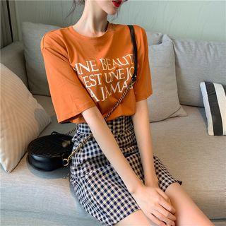 Short-sleeve Letter T-shirt / Checker A-line Mini Skirt