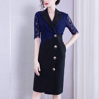 Lace Trim Short-sleeve Collared Sheath Dress