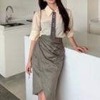 Puff-sleeve Plain Shirt / Houdnstooth Tie / Wrap Asymmetrical Pencil Skirt