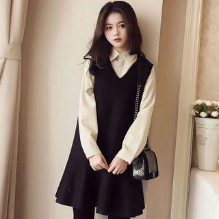 Set: Plain Shirt + Ruffle Hem Mini Pinafore Dress