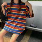 Color-block Striped Lettering Print Short-sleeve Top As Shown In Figure - One Size