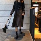 Plain Long-sleeve Loose-fit Pleated Dress Black - One Size