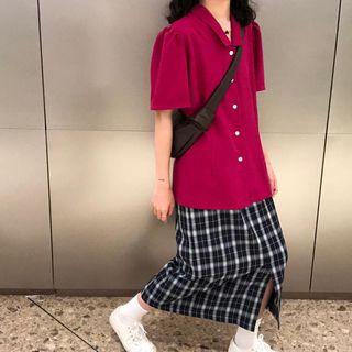 Shirt + High-waist Plaid Skirt