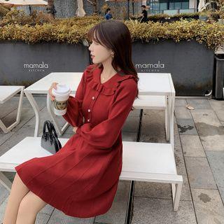 Ruffle Trim Collar Knit Midi A-line Dress