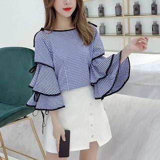 3/4-sleeve Plaid Ruffle Blouse