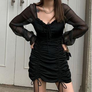 Puff-sleeve Paneled Drawstring A-line Dress