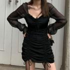 Puff-sleeve Paneled Drawstring A-line Dress