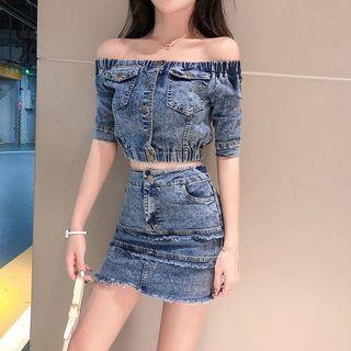 Set: Off-shoulder Denim Crop Top + Mini Denim Skirt