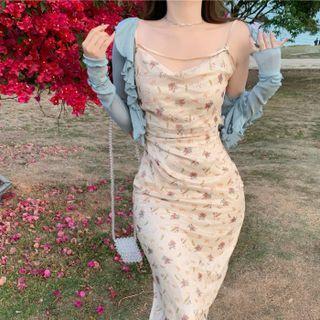 Set: Strappy Floral Sheath Dress + Light Jacket