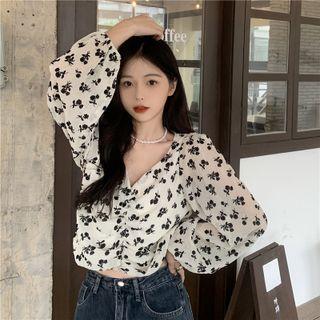 V-neck Drawstring Floral Cropped Blouse