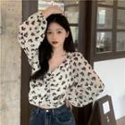 V-neck Drawstring Floral Cropped Blouse