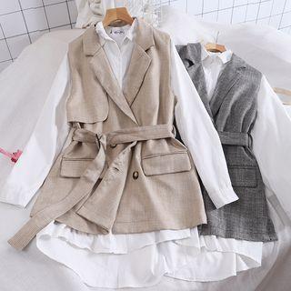 Set Of 2: Long-sleeve Long Shirt + Pocket Vest