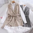 Set Of 2: Long-sleeve Long Shirt + Pocket Vest