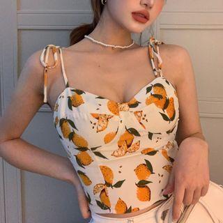 Fruit Print Slim-fit Sleeveless Top Yellow - One Size