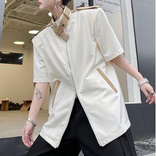 Short-sleeve Two-tone Zip-up Shirt