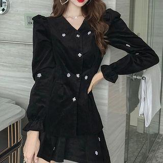 Plain V-neck Corduroy Long-sleeve Jacket / High-waist Skirt