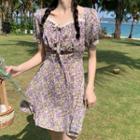 Puff-sleeve V-neck Floral Chiffon Mini Dress