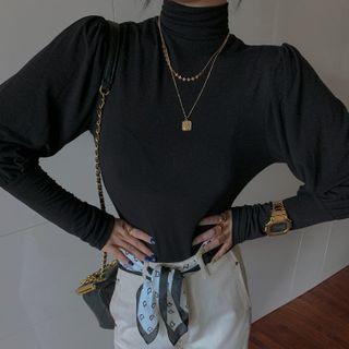 Mock-turtleneck Lantern-sleeve Top