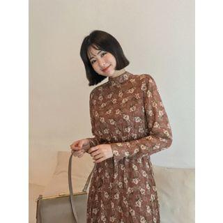 Mandarin-collar Floral Chiffon Maxi Shirtdress