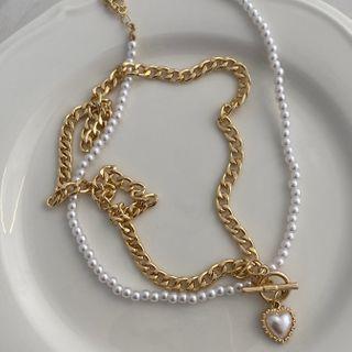 Heart Faux Pearl Pendant Layered Choker Necklace 1pc - Gold - One Size