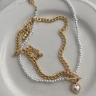Heart Faux Pearl Pendant Layered Choker Necklace 1pc - Gold - One Size