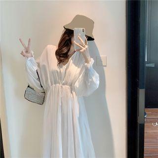 Plain V-neck Long-sleeve Loose-fit Dress White - One Size