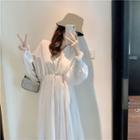Plain V-neck Long-sleeve Loose-fit Dress White - One Size