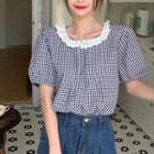 Short-sleeve Plaid Blouse Plaid - Black - One Size