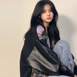 Faux Leather Sleeve Plaid Baseball Jacket