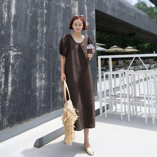 Puff-sleeve Line Blend Long Dress