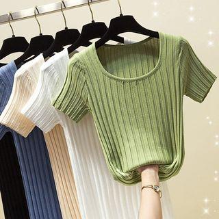 Short-sleeve Plain Ribbed Knit Top