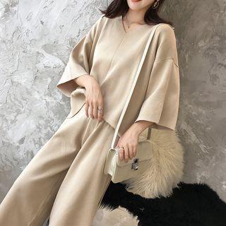 Set: 3/4-sleeve Knit Top + Cropped Wide Leg Pants Top - Khaki - One Size / Pants - Khahi - One Size