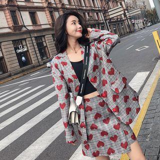 Set: Heart Print Plaid Blazer + Mini A-line Skirt