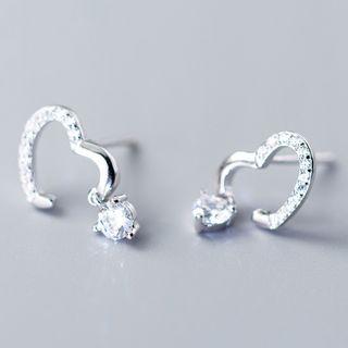 925 Sterling Silver Heart Rhinestone Ear Stud As Shown In Figure - One Size