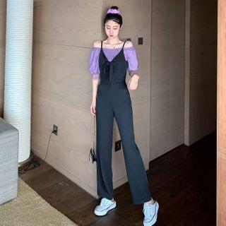 Balloon-sleeve Dotted Mesh Blouse / Boot-cut Jumper Pants