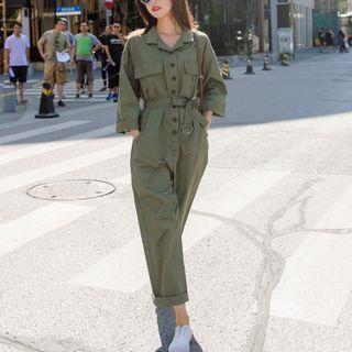 Long Sleeve Tie-waist Cargo Straight Leg Jumpsuit