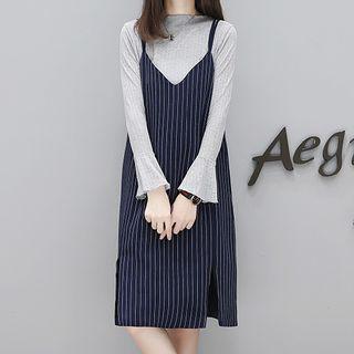 Set: Long-sleeve Top + Spaghetti Strap Striped Dress