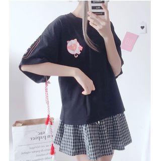 3/4-sleeve Cat Print Tasseled T-shirt