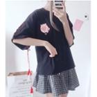 3/4-sleeve Cat Print Tasseled T-shirt