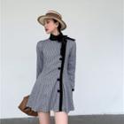 Long-sleeve Bow-neck Houndstooth Mini A-line Dress